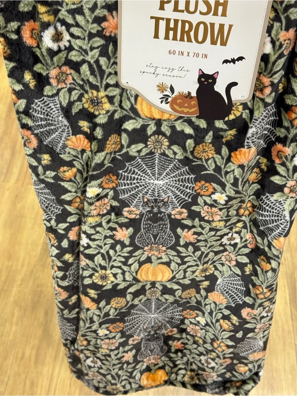 Plush Halloween Throw Blanket - Black & Orange Floral Spiderweb Design